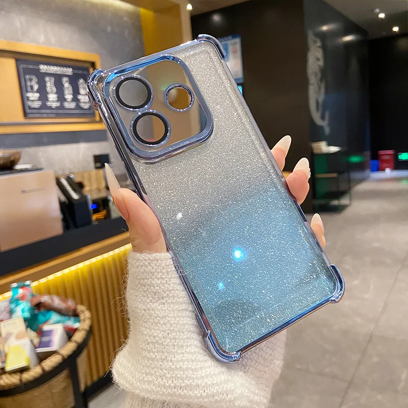Glitter Air Bag Plating Shockproof Soft Case with Full Lens Protection Back Cover