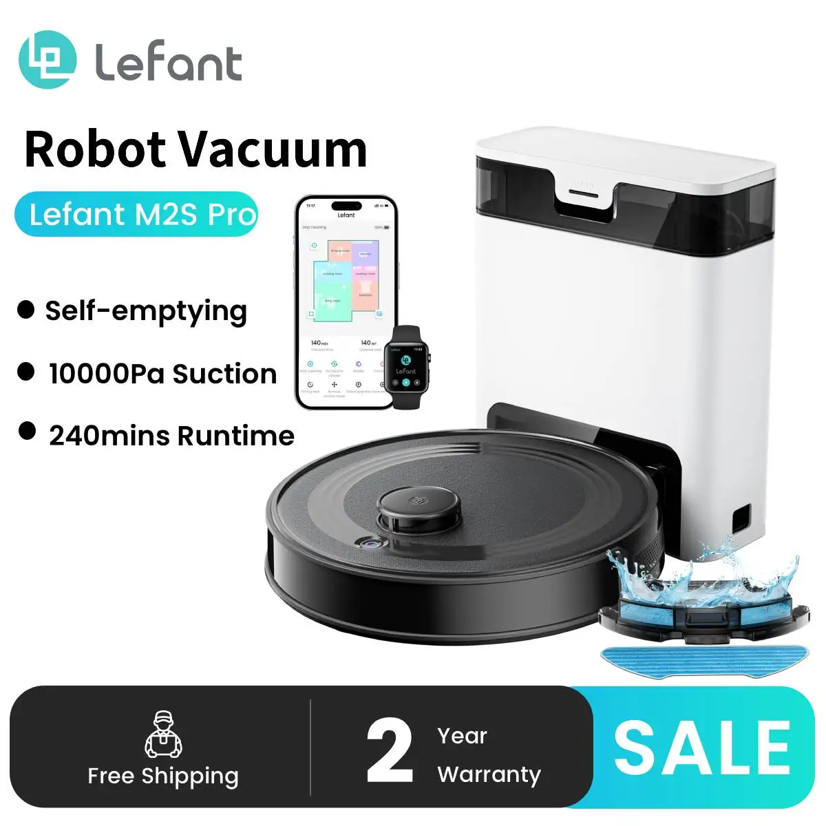 Lefant Robot Vacuum Cleaner with Automatic Emptying M2S Pro,10000Pa, 240 Minutes, Laser Navigation DTOF, Ideal for Pet Hair