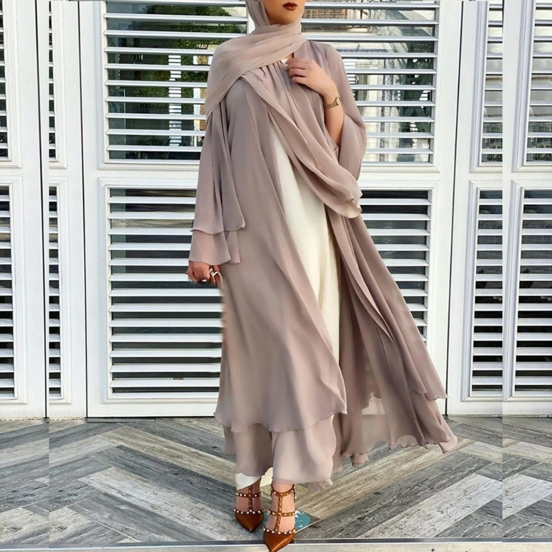 Women Muslim Long Sleeve Flowy Maxi Cardigan Islamic Open Front Kimono Abaya Robe Turkey Kaftan Solid Color Belted Loose Up E56F