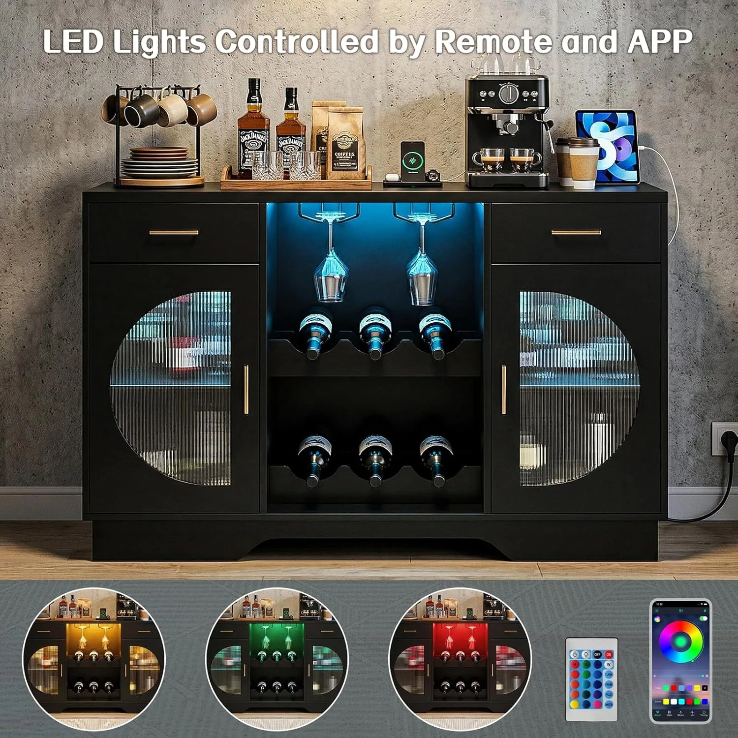 Coffee Bar Cabinet with Fridge Space Wine Bar LED Lights Power Outlet Glass Doors Freestanding Liquor Cabinet Black image 4