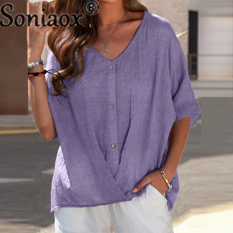 Elegant Button Splicing V Neck Pullover Shirt Women's Cotton Linen Loose Blouse Female Summer Casual Commuter Short Sleeve Tops