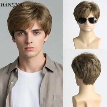 Parrucca sintetica corta diritta con taglio pixie marrone con frangia laterale per uomo, cosplay quotidiano, capelli finti resistenti al calore
