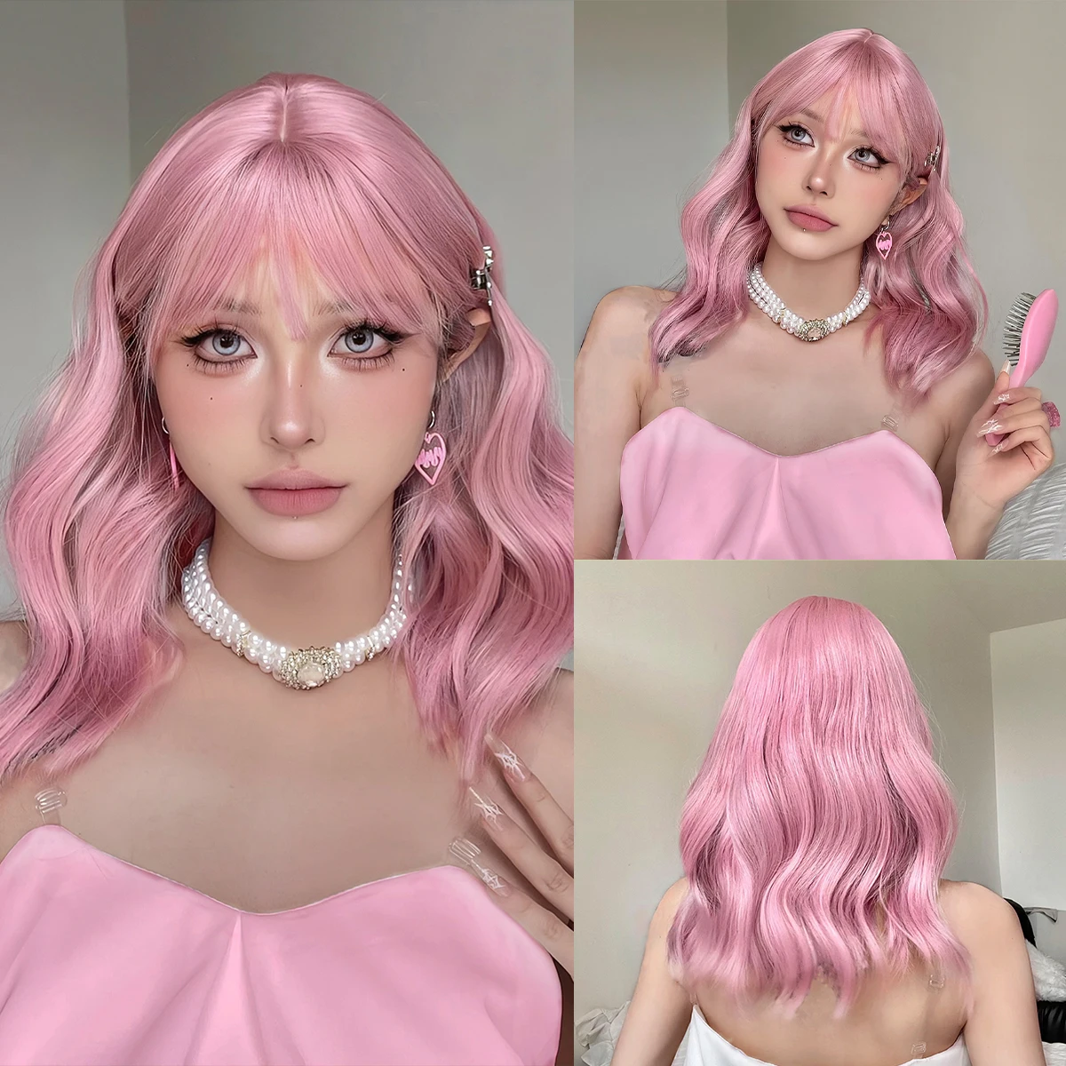 

Light Pink Cosplay Halloween Wigs Synthetic Short Water Wavy Curly Bangs Wig for Women Colorful Bob Hair Natural Heat Resistant