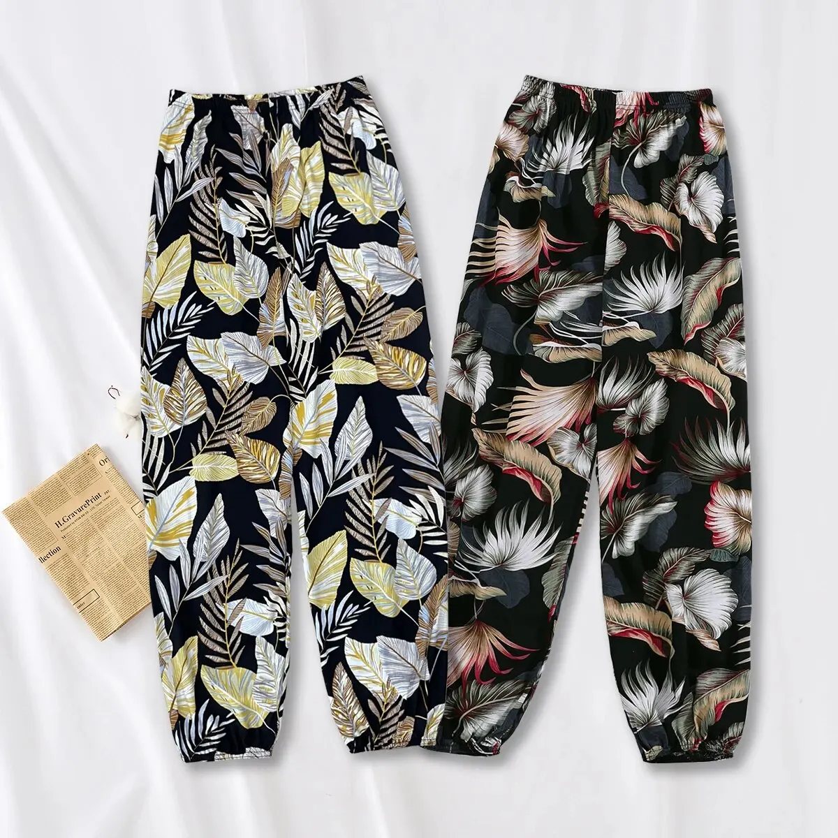 Women Casual Loose Cozy Pants Elastic Pants Feet Harem Pants Sweatpants Pants Summer Beach Pants Elastic Waistband