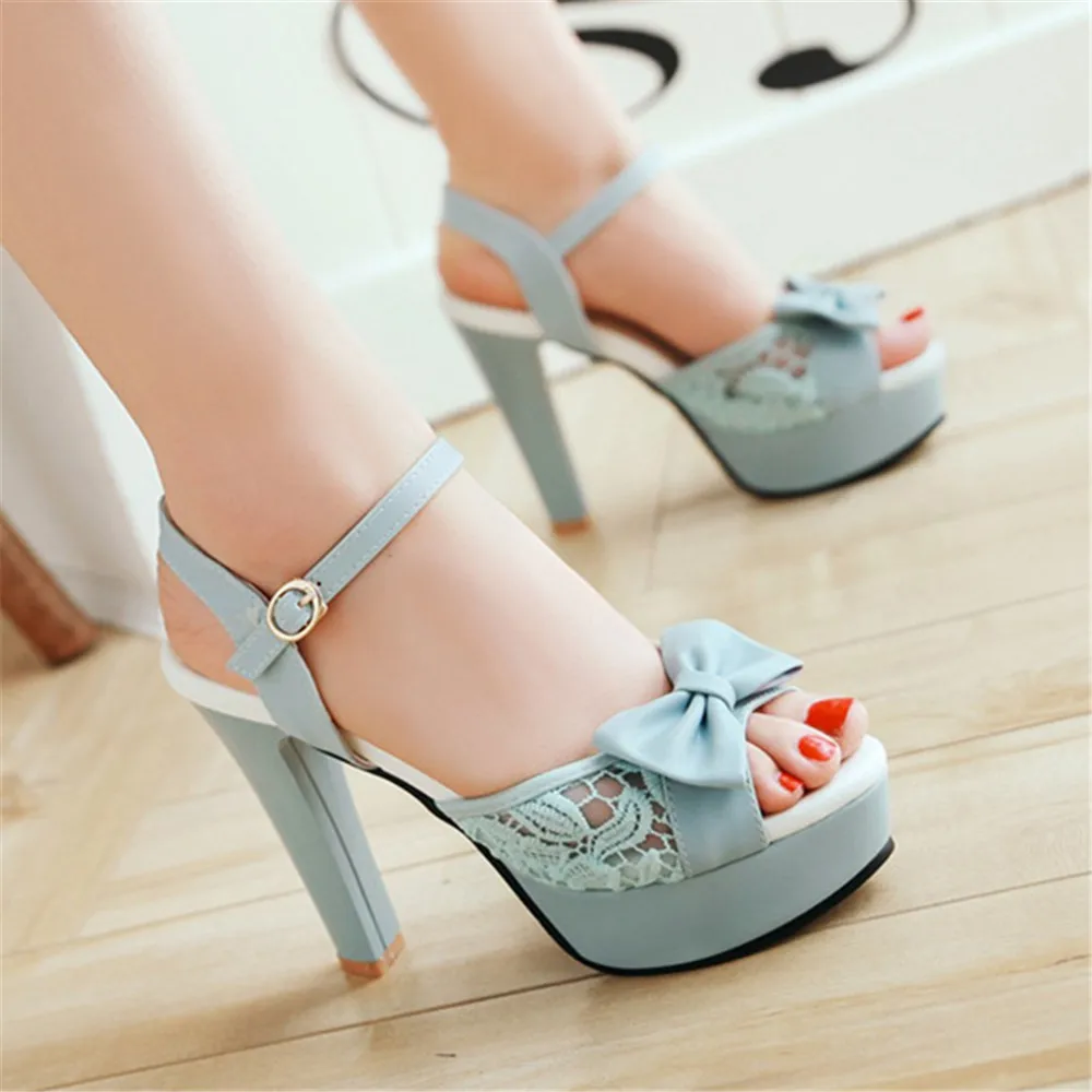 Women Summer Lace Bow Mesh Shoes Fish Mouth High Heel Ladys Platform Sandals Evening White Dress Wedding Female Zapatos De Mujer