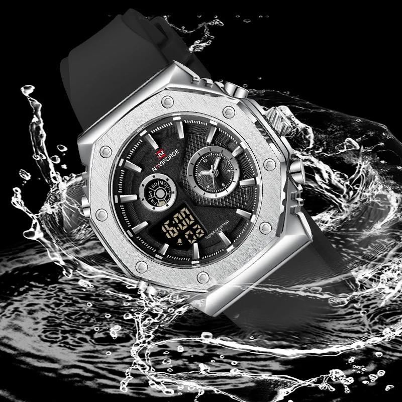 NF9216T Men's Watches NAVIFORCE Military Sports Waterproof Male Quartz Dual Display Wristwatch Silicone Strap Luminous Man Clock