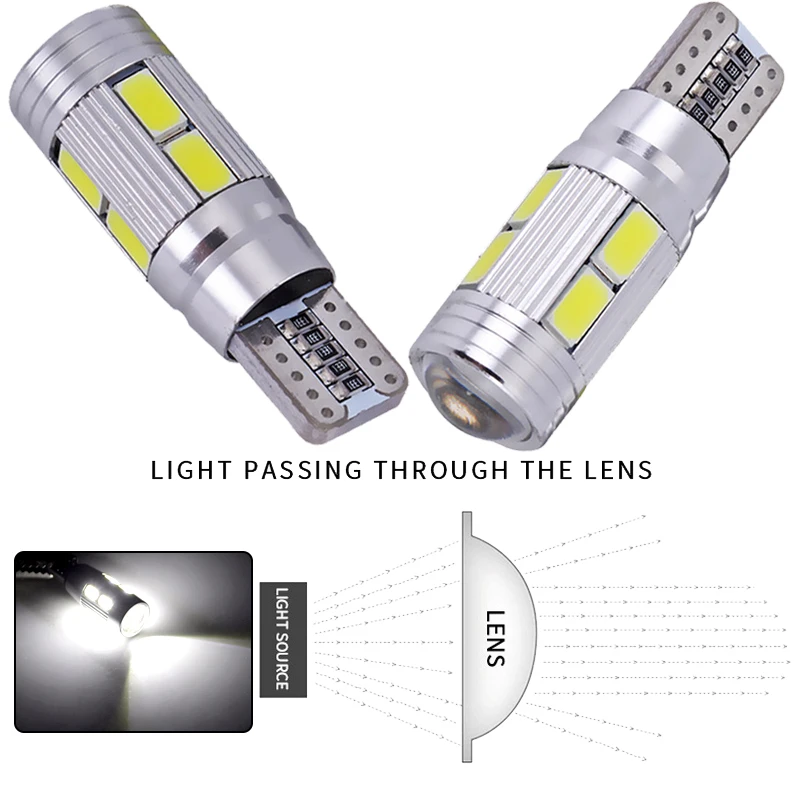 T10 LED 전구 Canbus 오류 없음 W5W LED 신호등, 12V 5630 10SMD 7000K 흰색 자동차 웨지 사이드 트렁크 번호판 램프, 2 개