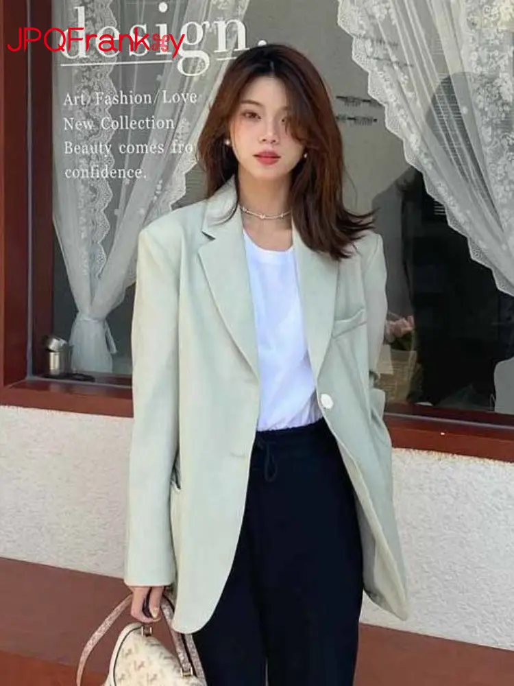 2024 Spring/Autumn Solid Color Light Green Retro Loose Suit Jacket Women's Simple Commuter Suit Long Professional Wear Blazers