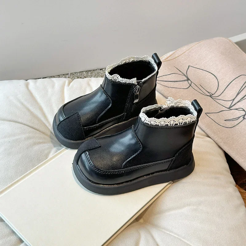 Kids Princess Boots with Cotton Girls Short Boots with Sweet Lace Non-slip 2025 Autumn Winter New Children Ankle Boots Elegant
