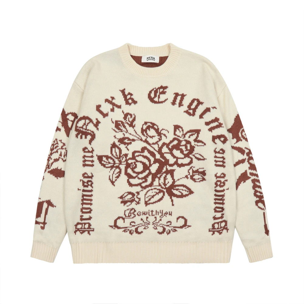 

2022 Men Streetwear Sweater Hipster Flowers Letter Graphic Hip Hop Knitted Sweater Casual Loose Cotton Pullover Sweater Black