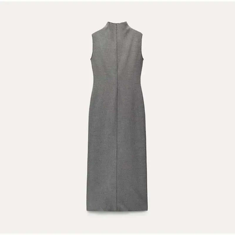 Vestido largo sin mangas con cuello alto y abertura en la espalda para mujer, recto, liso, ajustado, de cintura alta, con cremallera, otoño 2025