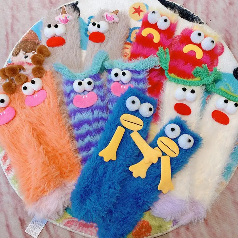 

1 Pair Winter Women Socks Cartoon Decor Plush Elastic Anti-slip Mid-tube Socks Thickened Floor Socks For Sleeping