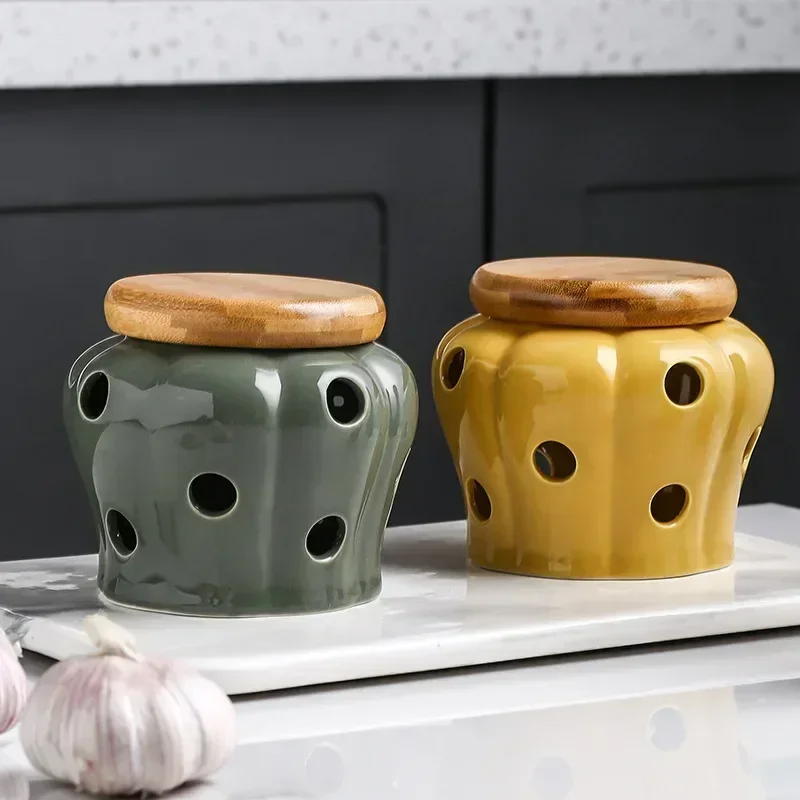 Hollow Openwork Ceramic Garlic Storage Jar With Lid Pumpkin Shape Ginger Chili Pepper Candle Lampshade
