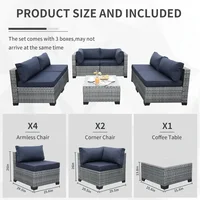 7-piece Outdoor PE Wicker Furniture Set, Courtyard Gray Rattan Segmented Sofa with Washable Deep Blue Cushion 2