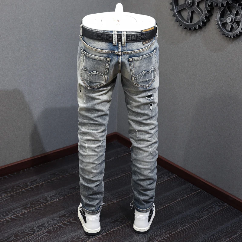 Italian Style Fashion Men Jeans Embroidery Designer Retro Gray Blue Elastic Slim Ripped Jeans Men Patched Vintage Pants Hombre
