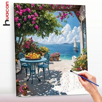 Huacan - Kit Pittura a Numeri Paesaggio Marino su Tela - Quadri Decorativi Fatti a Mano - Regalo Artigianale ﻿ ﻿ ﻿