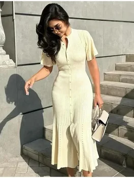 Women Elegant Knitted Long Dress Casual O Neck Solid Short Sleeved Button High Waist Split Dresses New Female Fashion Gown 1