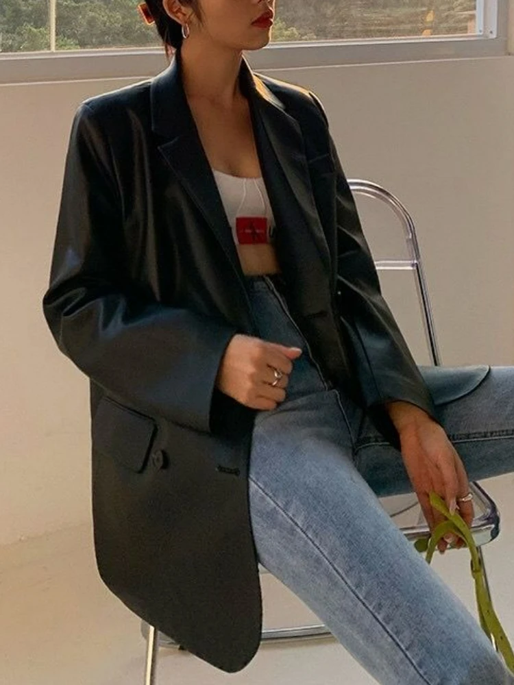 

Korean Black Leather Moto Jacket Vintage Warm Female Loose Leather Suit Blazers Streetwear Ladies Fashion Trend Thin Biker Coats