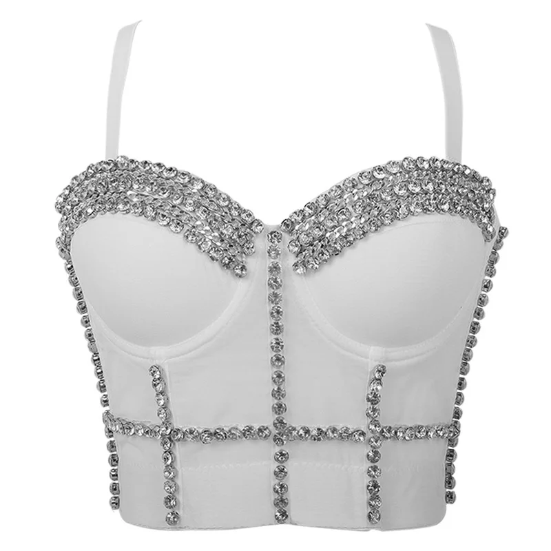 

Sexy Corset Camisole Rhinestone Top Bustier Crop Top Women Sleeveless Backless Diamond Bra Shiny Tank Top Festival Clothing