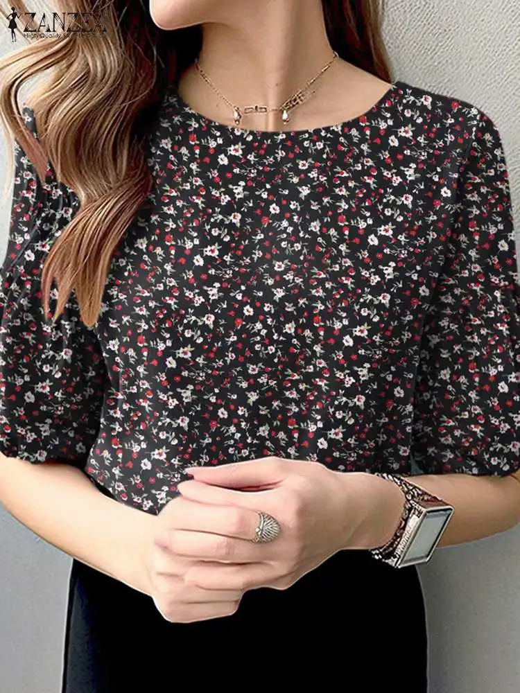 

Летняя стильная блузка с цветочным принтом ZANZEA, женская элегантная рубашка с круглым вырезом и рукавом до локтя, модные праздничные блузы, женские туники, топы 2024