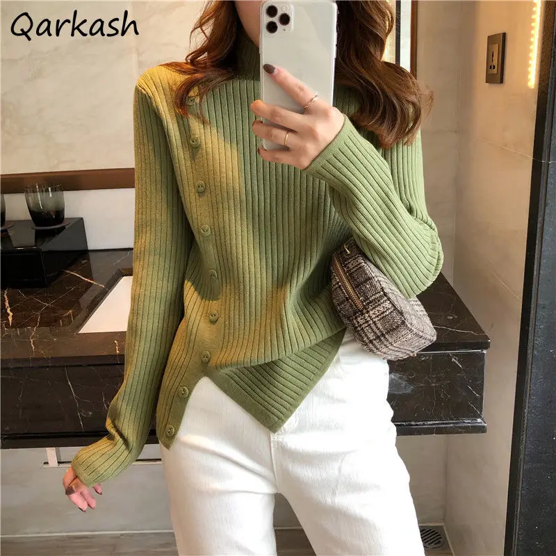 

Mock Neck Pullovers Women Side-slit Buttons Female's Long Sleeve Knitted Sweaters Solid Color Baggy Tops All-match Spring Autumn