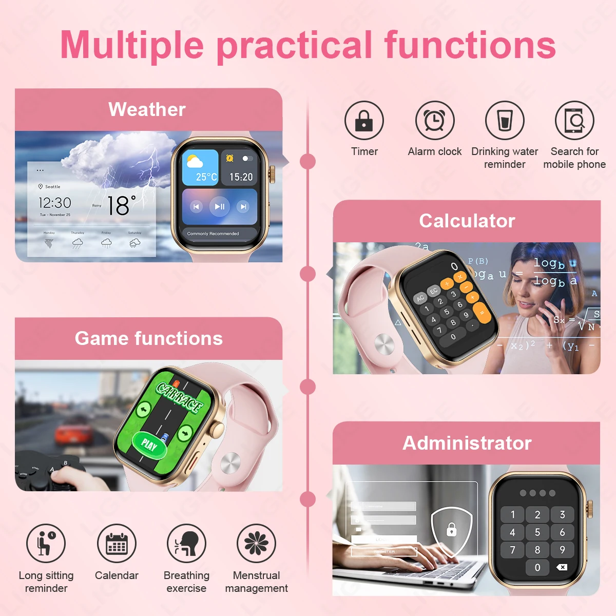 LIGE 울트라 스마트 워치 3 스트랩 남성 여성 AMOLED 심박수 블루투스 통화 스포츠 피트니스 방수 스마트워치 IOS 안드로이드용