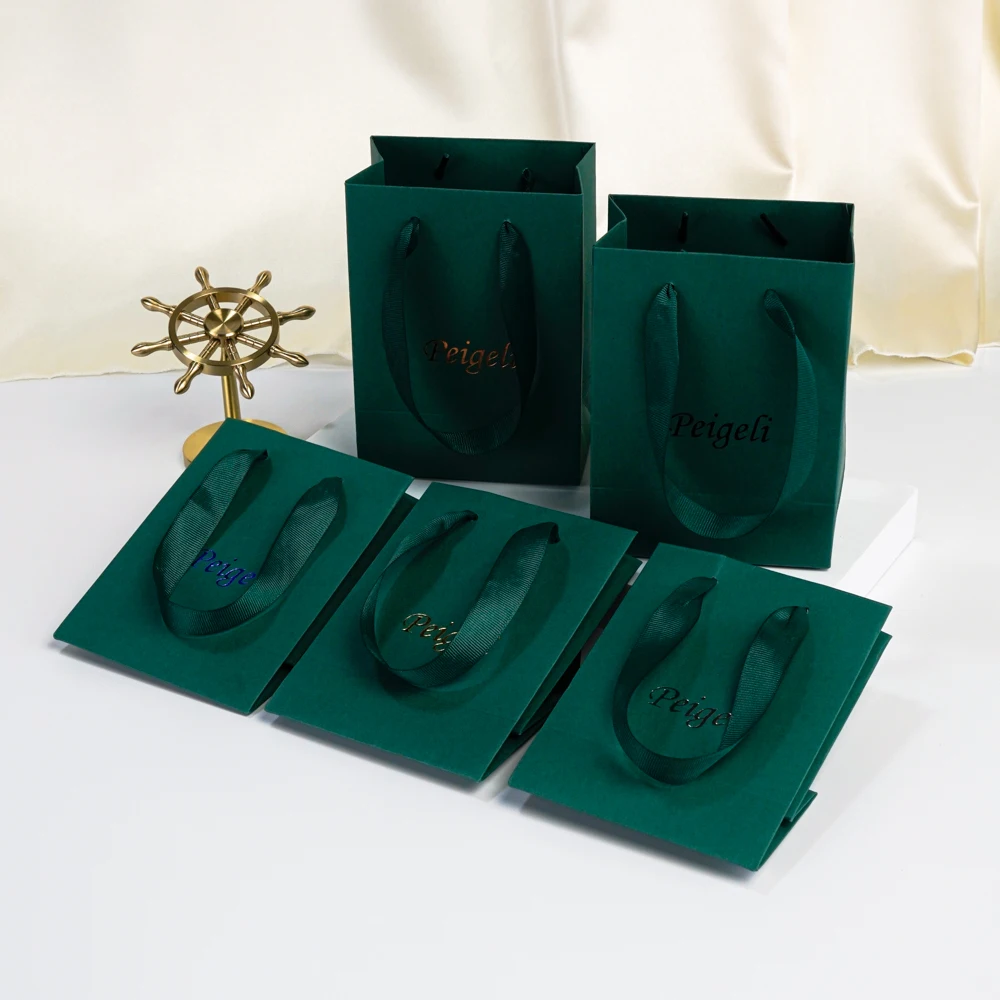 Mini Dark Green Kraft Gift Bags Custom Logo 4x2.8x4.5 inch Bulk Small Paper Tote Bags with Deep Green Handles for Wedding Party 13 S12190caf348641efa6a68c0ef95d9628K