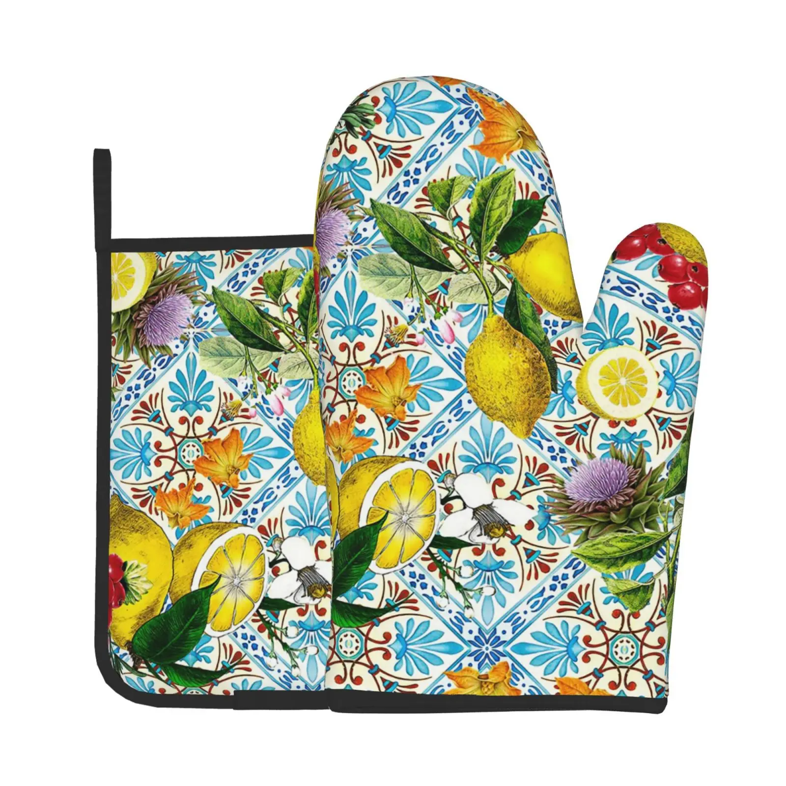 Lemon Oven Mitts & Pot Holders Summer Citrus Lemons Hot Pads with Non-Slip Heat Resistant Microwave Golves for Kitchen