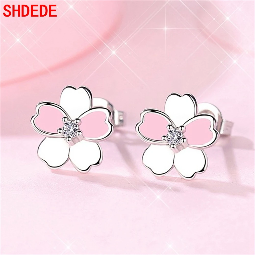 

SHDEDE 925 Sterling Silver Stud Earrings Pink High Quality Woman Fashion Jewelry Flower Cubic Zircon Anniversary Gift WHW8