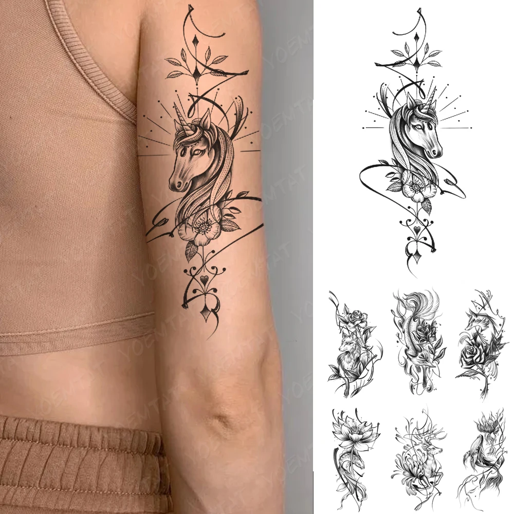 

Waterproof Temporary Tattoo Sticker Sexy Harajuku Unicorn Fox Carp Line Flower Flash Tattoos Arm Fake Tatoo Women Men Body Art