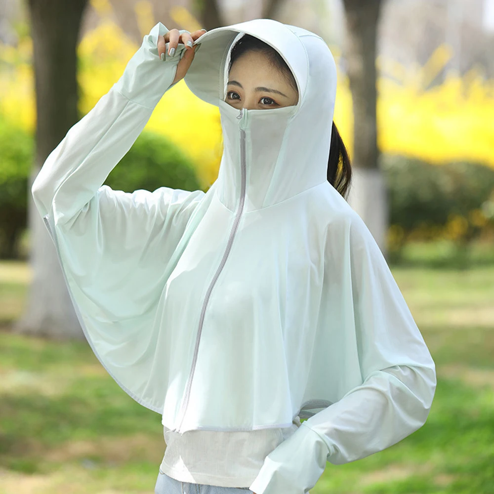 

Sunscreen Ladies UV Protection Breathable Ice Silk Knit Outdoor All-match Face Covering Coat Shirt with Lenses