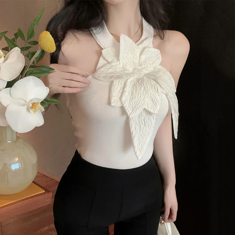 

White Black 3D Diamonds Flower Sleeveless Knitted Top Slim Fit Halter Vest 2024 Sring Summer Knitwear Sexy Crop Tank Top Ladies