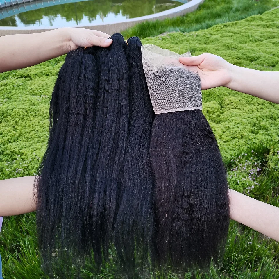 Kinky Straight Human Hair Bundles With 13x4 Frontal Remy Yaki Straight Hair Bundles With Closure 8-40 Kinky Remy Bundle