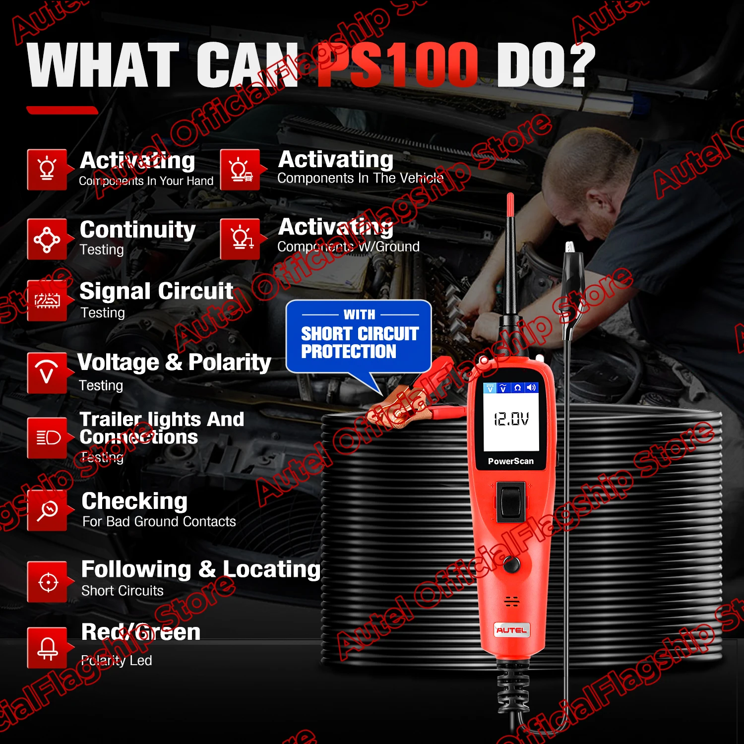 Circuit Tester Circuit Detector Probe Pen Tester Auto Diagnostic Scanner Autel PowerScan PS100 Auto Electrical Circuit AVOmeter Tester