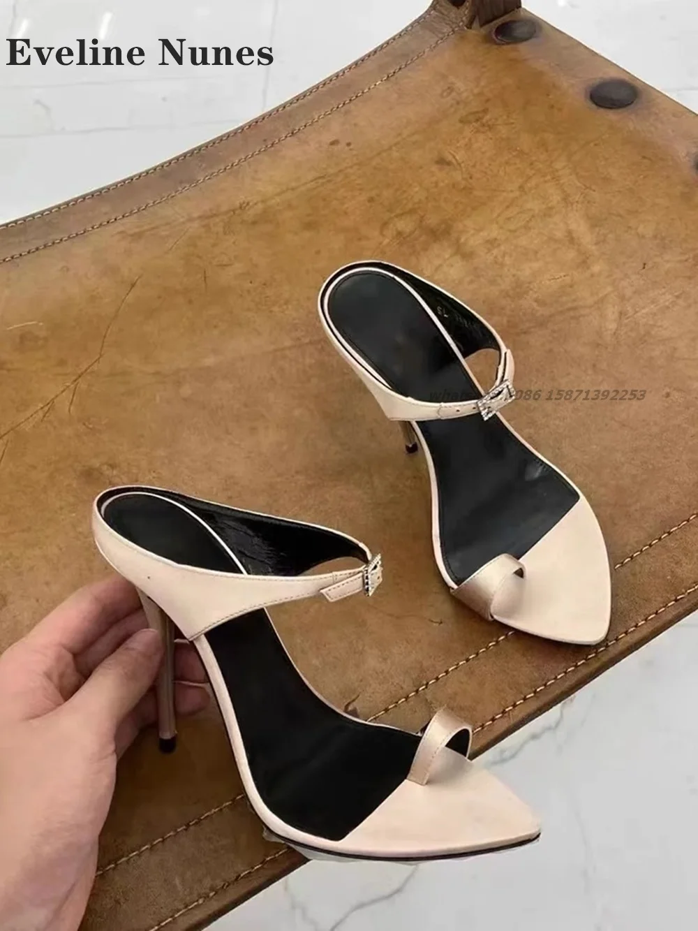 Clip Toe Straight Strap Slides Rhinestone Buckle Strap Slip On Women's Slingback Heeled Sandals
