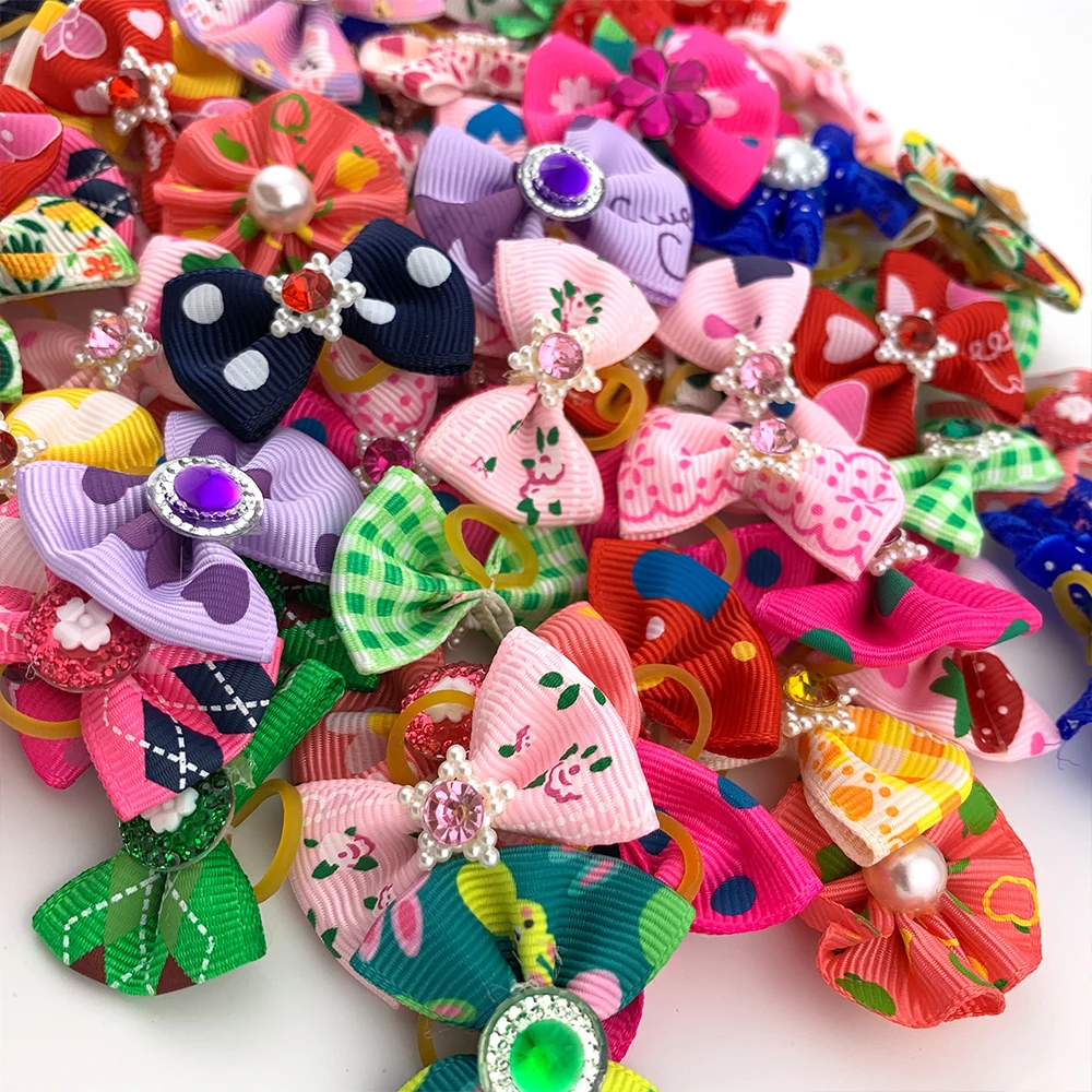 Set Cute Yorkie Pet Bows Small Dog Grooming Accessories Rubber Bands Puppy Cats Black White  Plaid Dogs Bows Headwear Pet Items 6