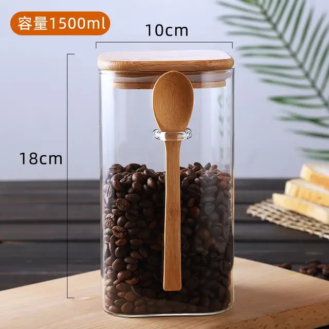 Japanese Style Square Glass Sealed Storage Jar with Wooden Spoon Seasoning Box Coffee Bean Cans Household Milk Powder Tea Cans 6