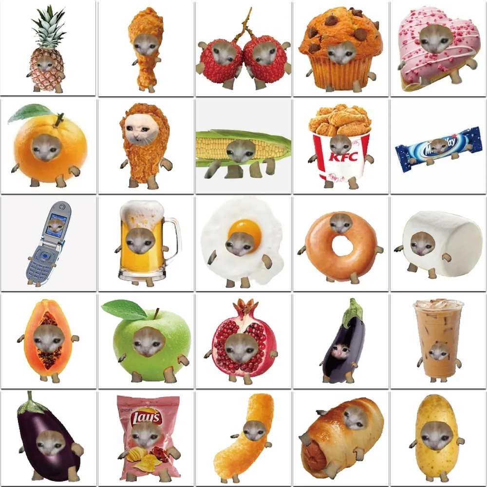 10/50pcs Kawaii 고양이 음식 Meme Sickers 재미 있은 데칼 자전거 노트북 가방 수하물 노트북 전화 방수 스티커 선물 장난감