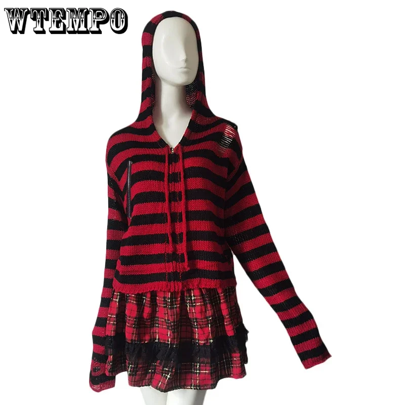

Короткий свитер в полоску на молнии с капюшоном, вязаное женское тонкое пальто с длинным рукавом, в готическом американском уличном стиле, с вырезами, весна-осень