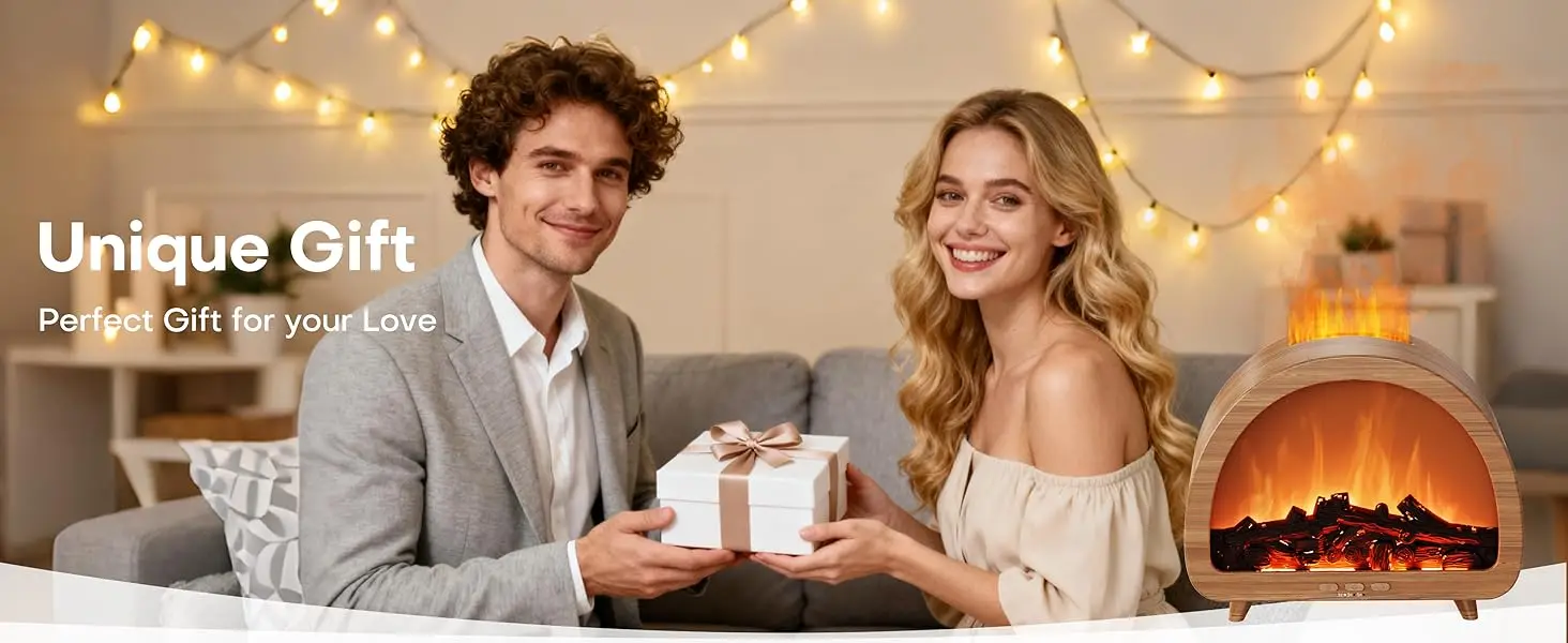 Le texte indique « Cadeau unique », « Cadeau parfait pour votre amour ». Cadre intérieur confortable avec guirlandes lumineuses et foyer électrique.