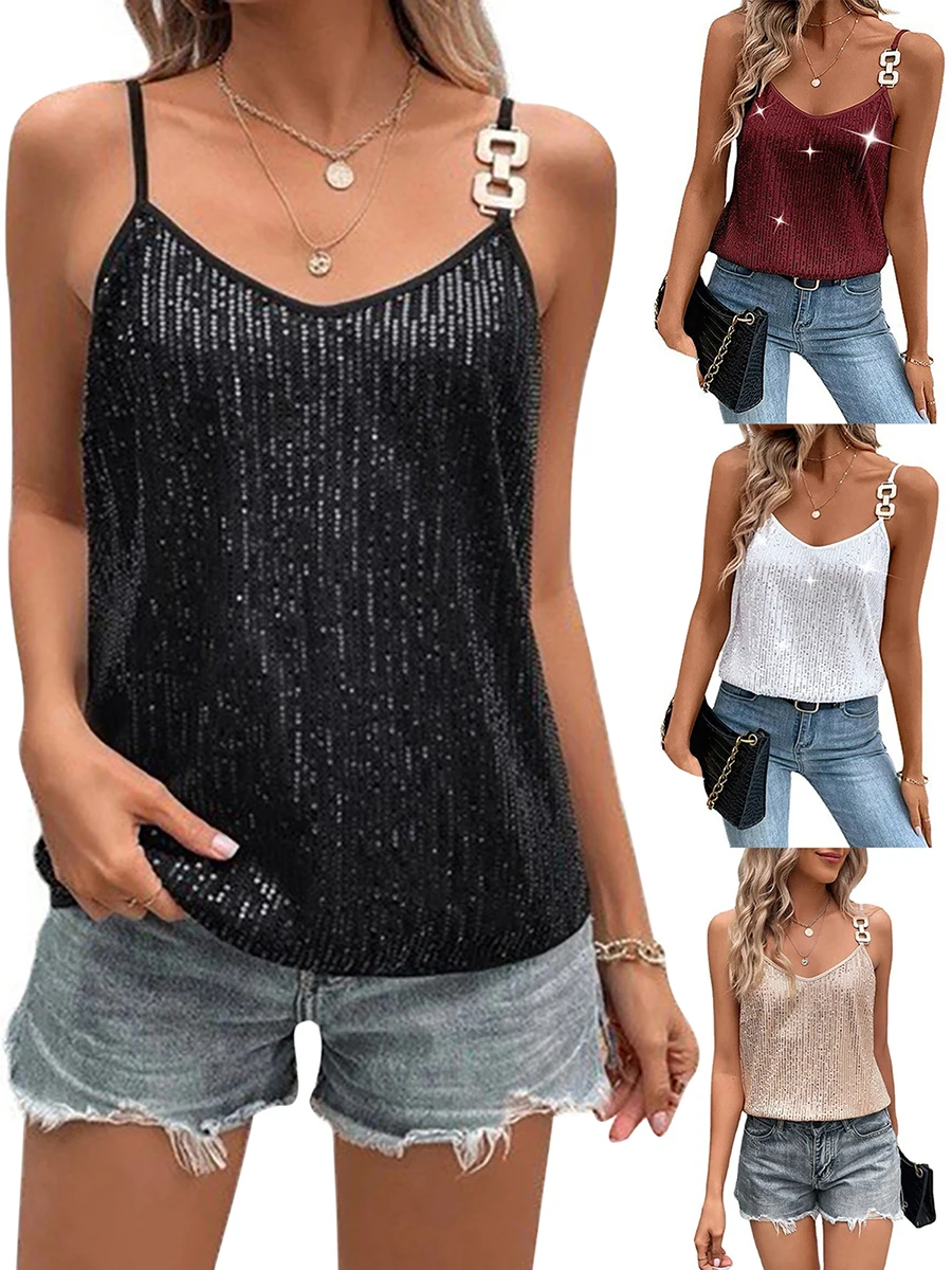 Women’s sparkly sequin V-neck spaghetti strap sleeveless cami top colors