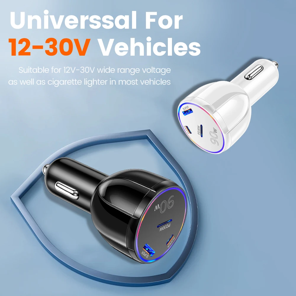 90W 3 in 1 Car Charger PD30W Type C USB Moblie Phone Fast Charging for IPhone Samsung Charger Plug Lighter Adapter Charger