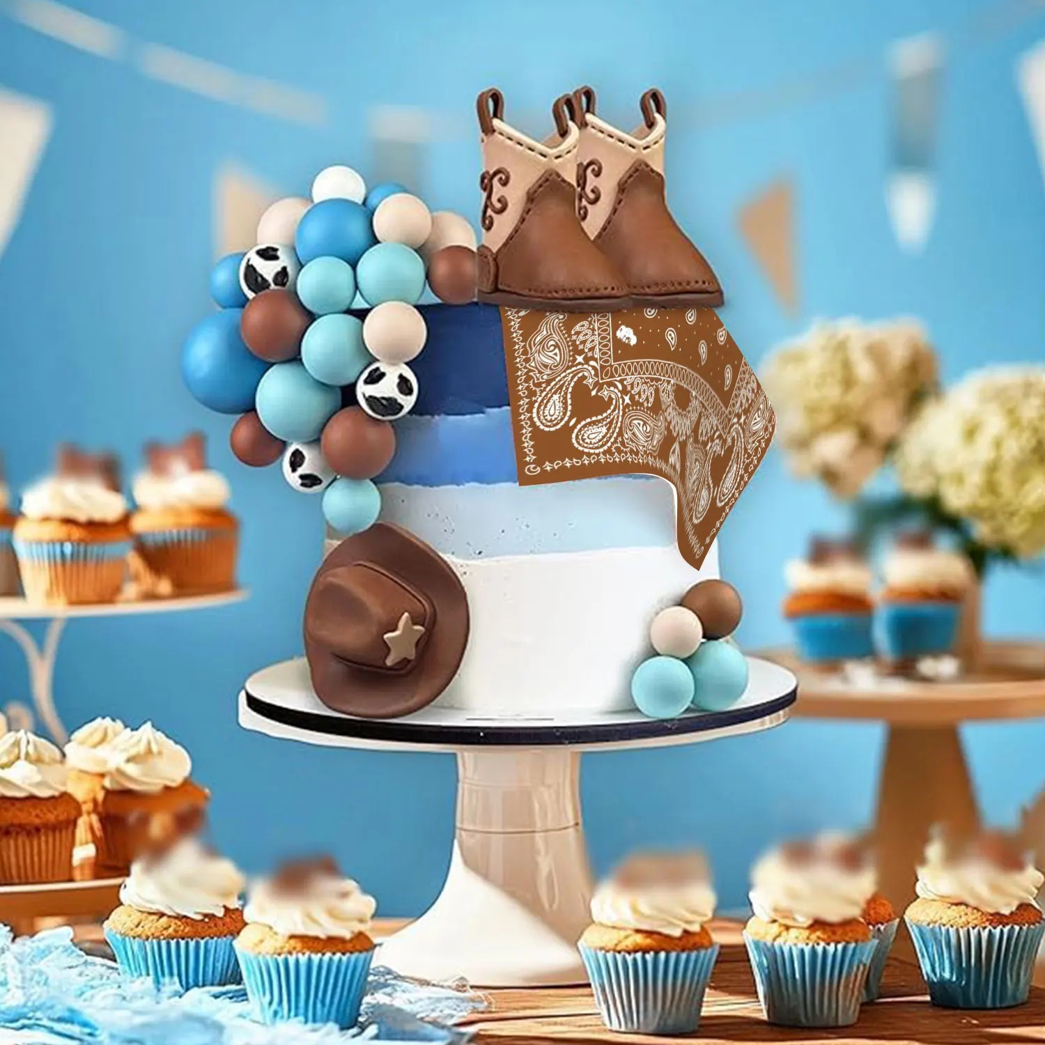 34PCS Cowboy Cake Decorations Set - Hat, Boot, Scarf & Balls Toppers For Western Theme Party