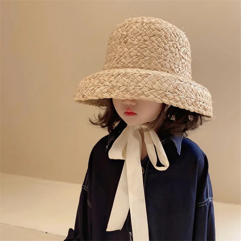 12-hh6008 ins chic farmhouse style SUMMER LONG RIBBON kids HANDMADE RAFFIA grass head size cap children leisure hat