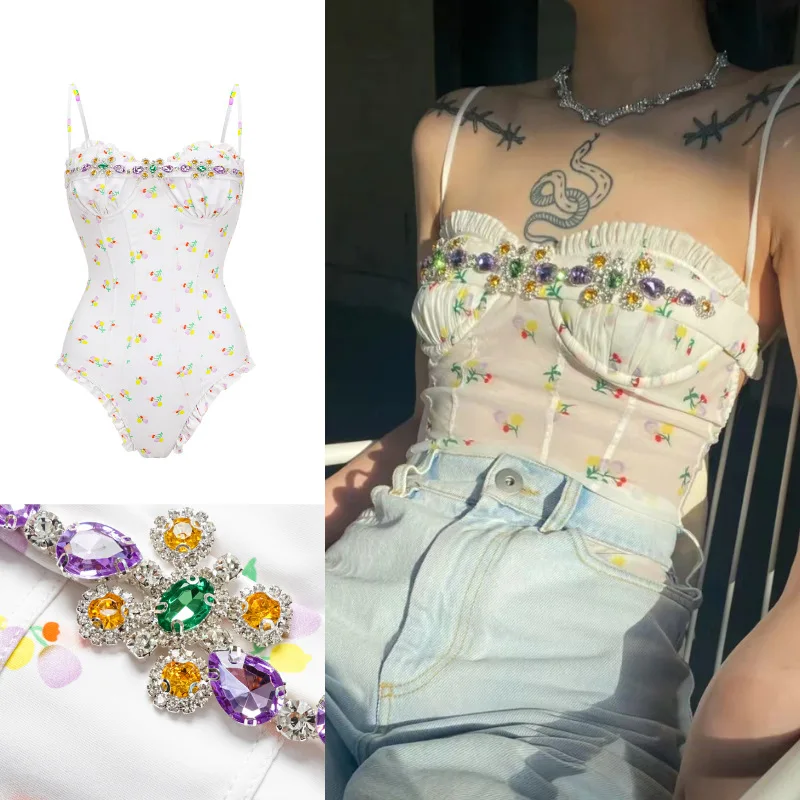 2023 New Diamond-encrusted Swimsuit High Waist One-piece Swimsuit Women's Vacation Beach Bikini Biquini Set Swimwear Beachwear