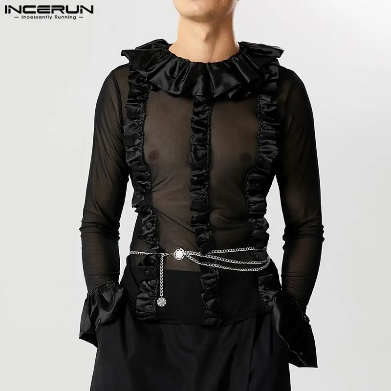 

Stylish Clubwear Style Tops INCERUN Sexy Men's Ruffle Design Shirts Casual See-through Mesh Thin Long Sleeved Blouse S-5XL 2023