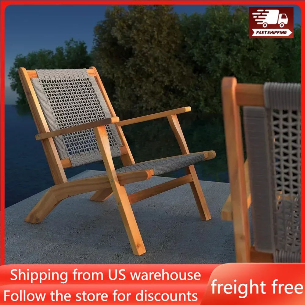 

Outdoor Chair Acacia Wood Construction Hand Woven Seat Mid Century Design Comfortable Reclining Armchair Patio Lawn Garden
