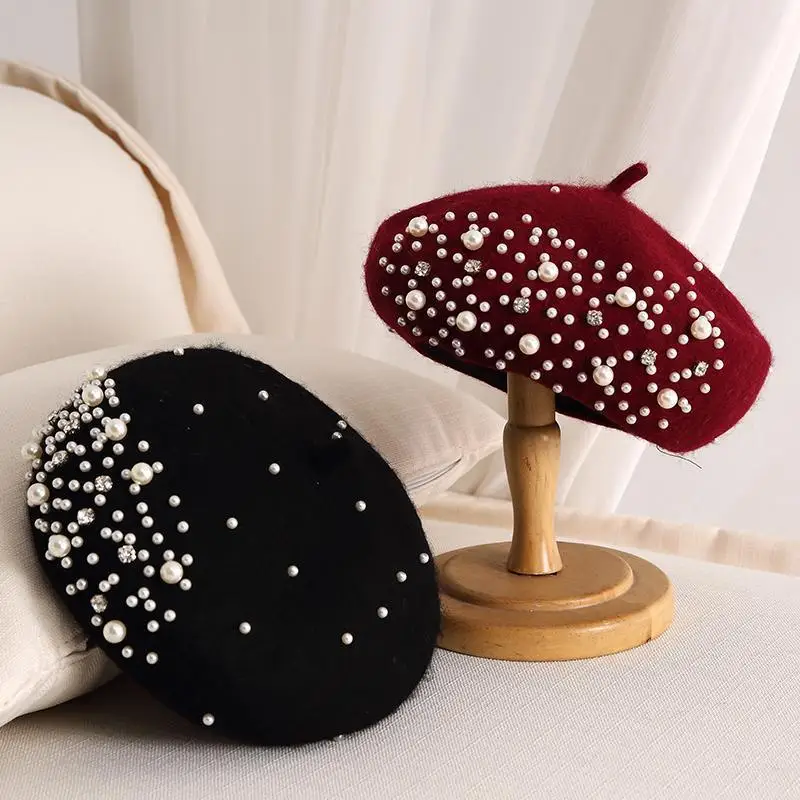 

Winter women casual wool warm berets cap rhinestone pearl artist hats Hip hop Pumpkin hats gorros Woolen octagon Hat