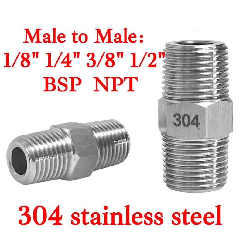 1/8" 1/4" 3/8" 1/2" BSP NPT Male to Male Hex Nipple Coupling 304 Stainless Steel Pipe Fitting