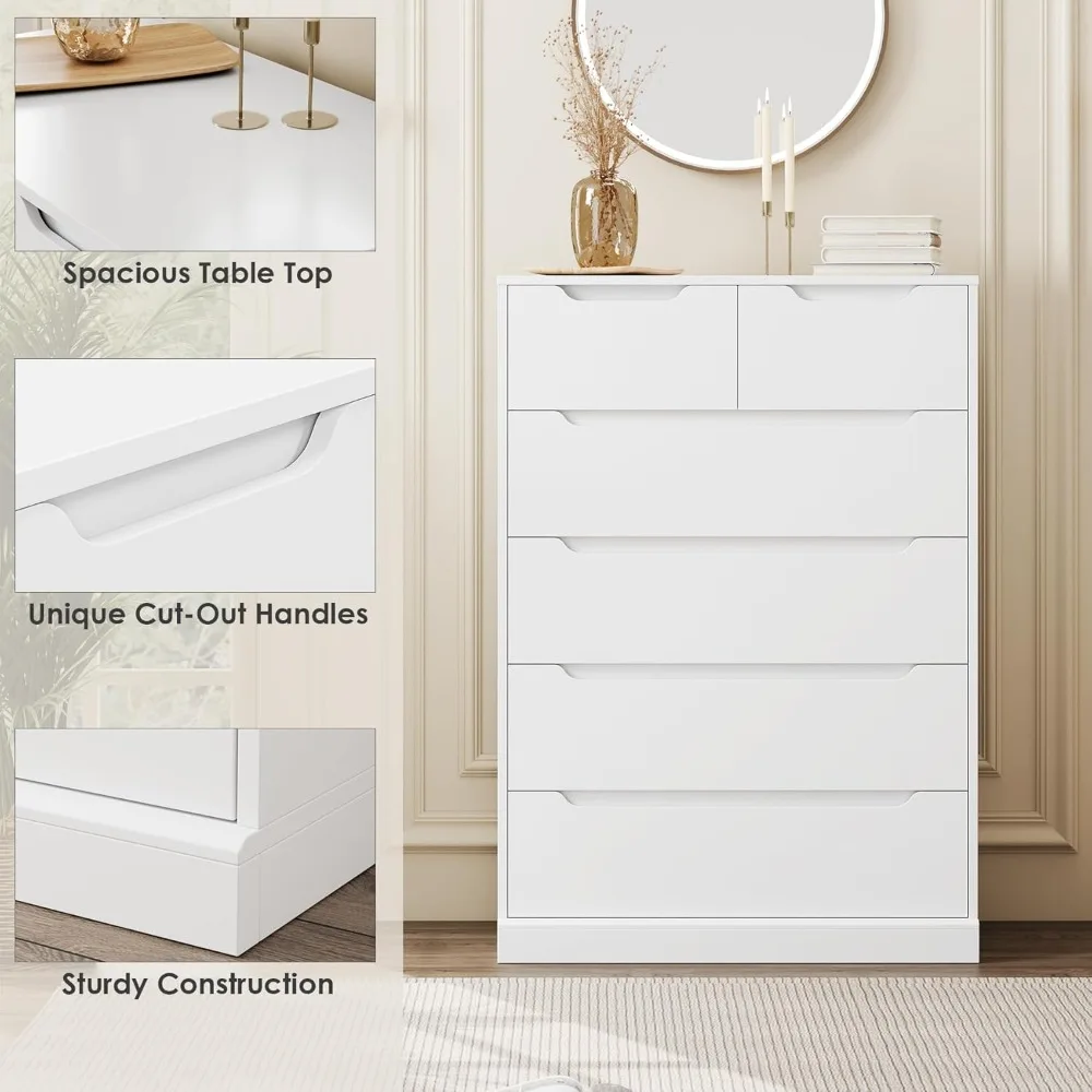 Modern 6 Drawer Dresser, Tall Storage Chest with Cut-Out Handles, Classic White for Bedroom & Living Room